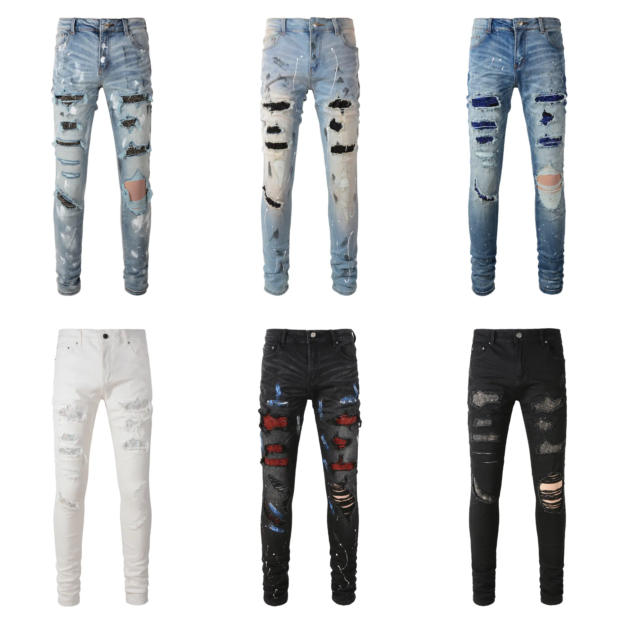 Rts per Dropshipping Graffiti strappati strass di Jeans di cristallo con Splash e schizzi di Jeans Skinny da uomo