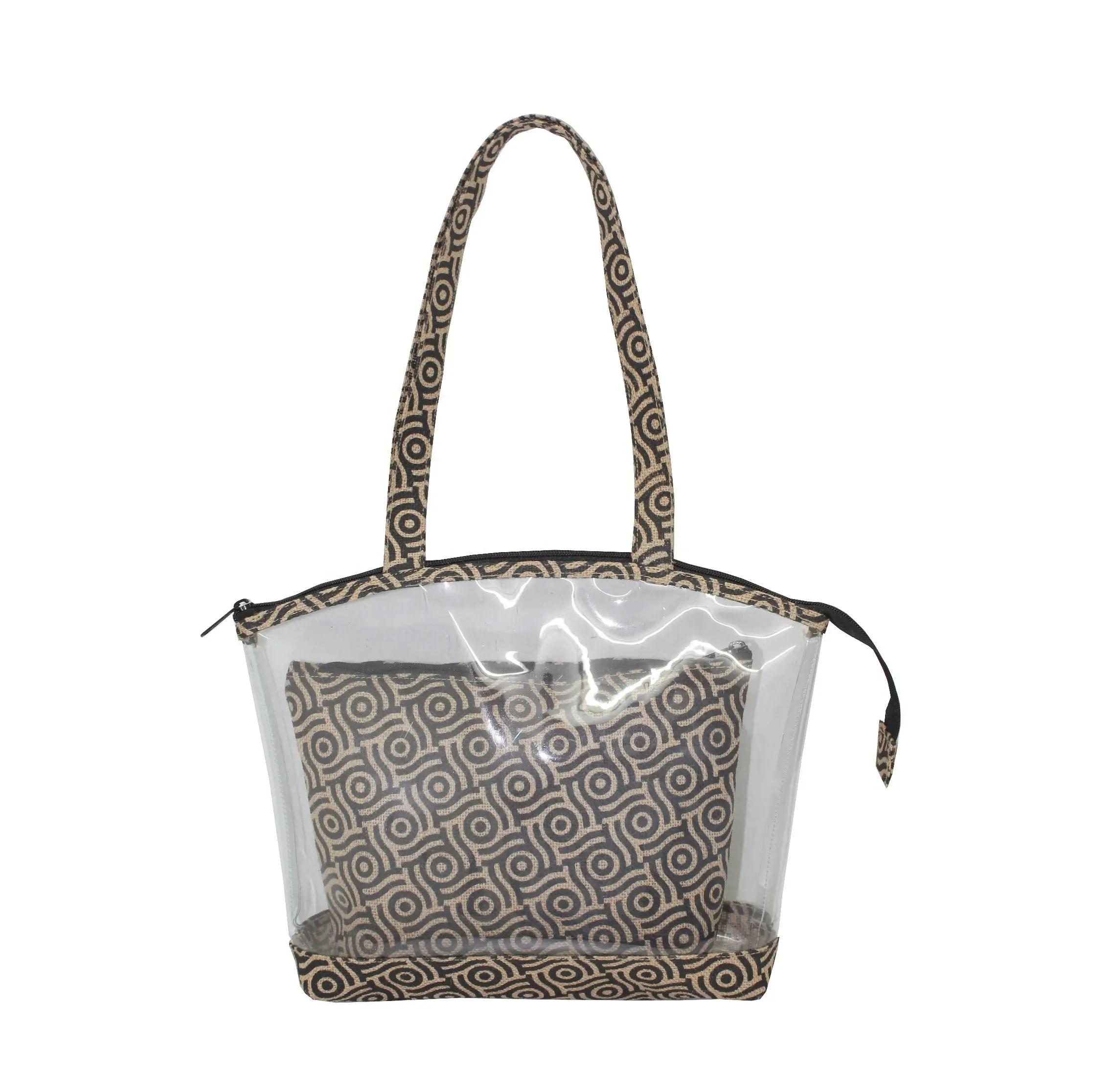 시스루 비치 토트 핸드백 하이 퀄리티 황마와 0.08 MM 두꺼운 PVC 시트의 조합에서 만든 패션 화장품 가방