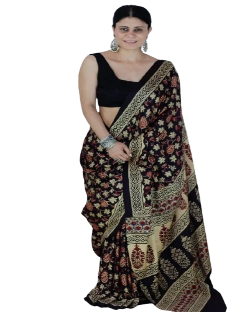 Dames Pure Malai Katoenen Saree Met Grote Rand Digitale Print Elegante Kalamkari Patronen En Contrast Saree Design