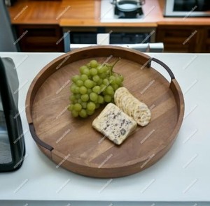 不同尺寸带孔手柄圆形复古竹木托盘早餐派对饮料小吃白酒服务拼盘