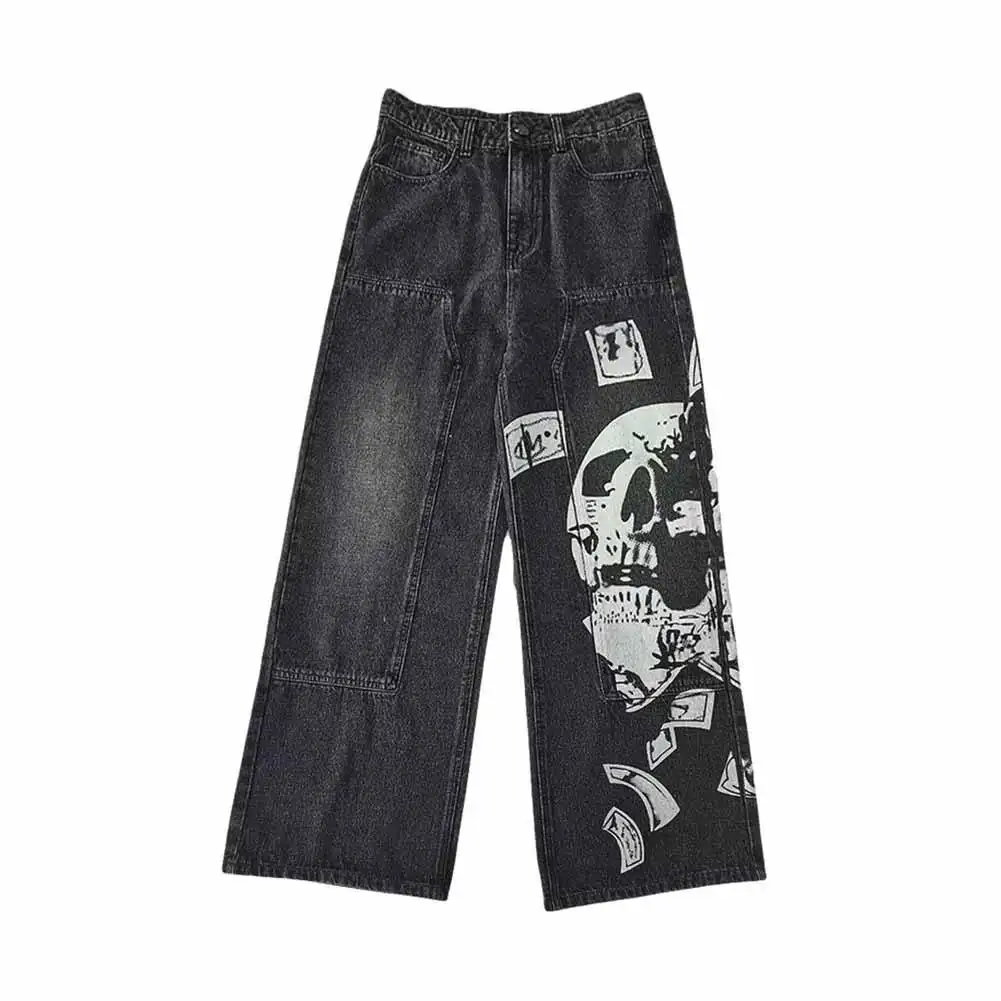 2023 nueva moda impresión personalizada Hip hop estilos niños Denim blue jeans pierna ancha pantalones holgados para hombres OEM compatible