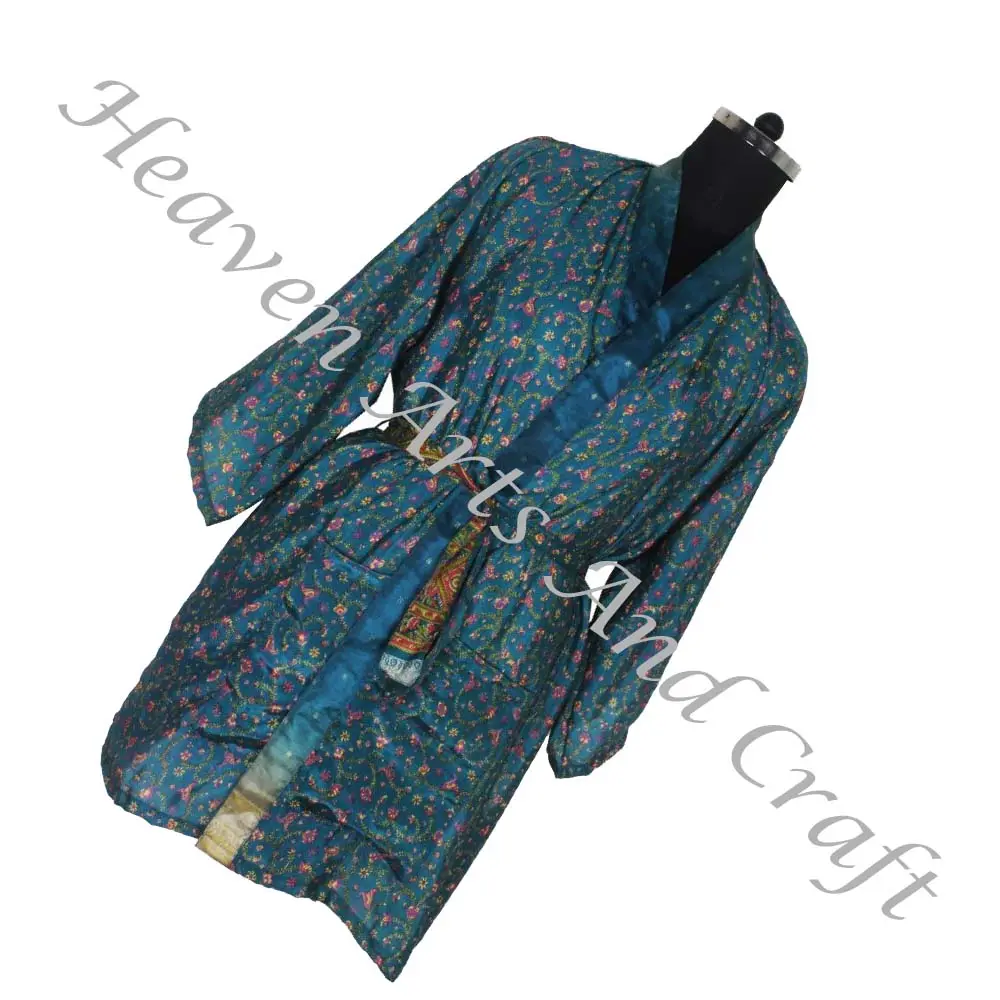 KS013 Bohemian hint el yapımı Vintage ipek Sari çiçek baskılı kıyafeti bornoz Maxi elbise etnik plaj yaz Sari Kimono