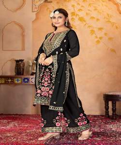 Top de trabajo de secuencia de bordado de seda de Chinon hermoso negro de diseñador Sharara Palazzo con Dupatta en el precio más bajo