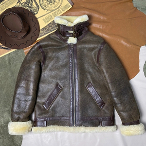 Best Style Brown Winter B3 Bomber Shearling <strong>Jacket</strong> Men Plus Size 3XL Natural Thick Sheepskin Aviation Genuine Leather Coat - Product Image 3