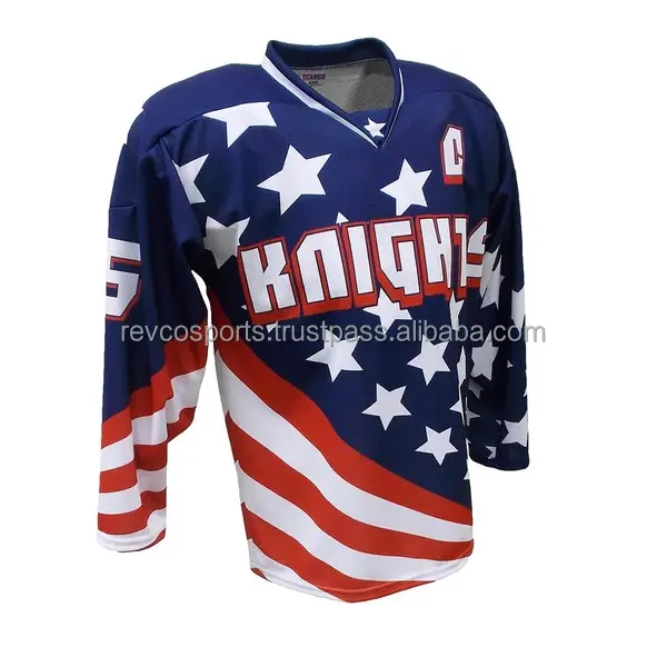 Maglia da hockey su ghiaccio con Design bandiera USA maglia da Hockey su ghiaccio gioventù blu bianco e rosso con scollo a V maglia da Hockey su ghiaccio a squadre completa personalizzata alla rinfusa