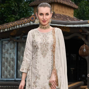 Embroidered Georgette Shalwar Kameez with Khatli Work Patch Detailing and Dupatta Traditional Style for Festive &amp; Party Wear! - Product Image 1