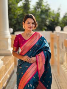 Zari ile yeni yumuşak ipek saree <span class=keywords><strong>brocket</strong></span> sınır Pethani saree koleksiyonu giyen