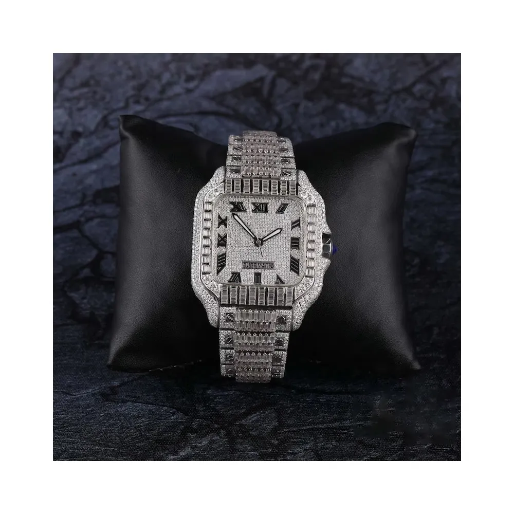 Calidad superior Hip Hop 33CT Baguette corte brillante VVS1 Moissanite relojes automáticos de diamantes para regalos de navidad