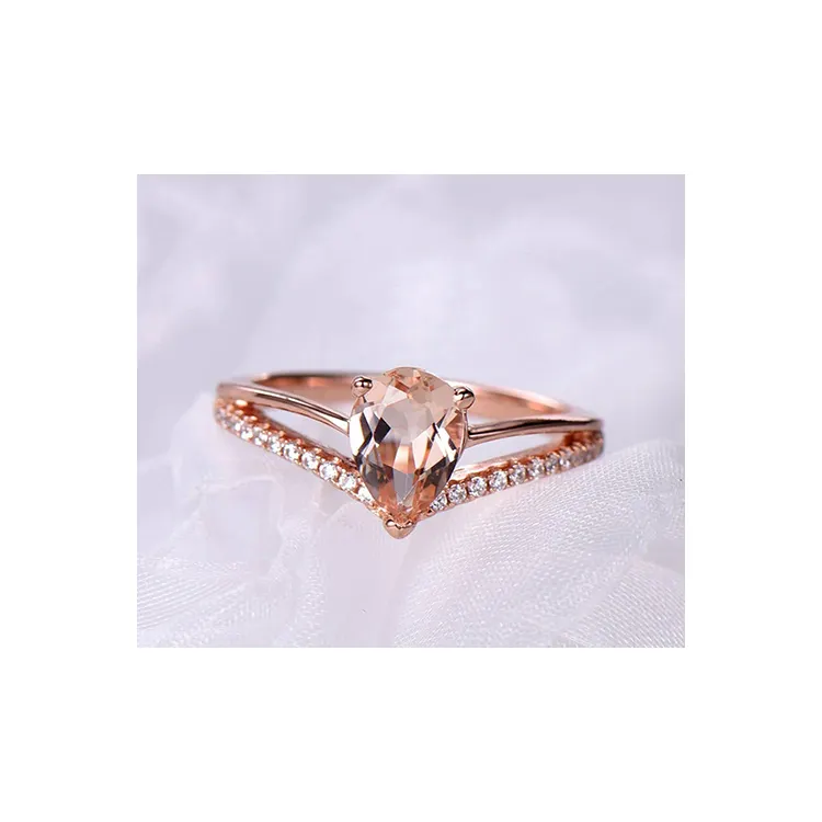 14k oro rosa taglio a pera rosa Morganite e vero diamante DEF bianco anello di fidanzamento Halo genuino oro Fine gioielli Drop Shipping