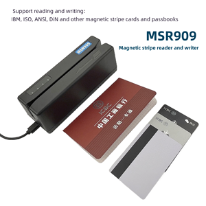MSR909 legge e scrive IBM, ISO ANSI DIN carte magnetiche standard e libretti e riconosce automaticamente il formato ISO di IBM.