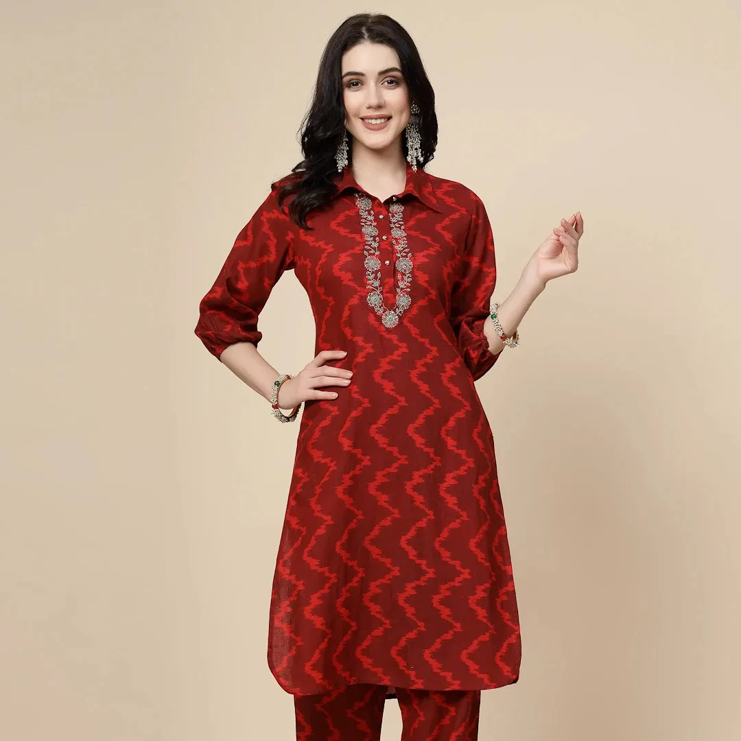 Nuovo stile indiano estate donna Kurta e pantaloni Set In colore marrone con un bellissimo ricamo Ryon Kurta Set elegante abbigliamento Casual