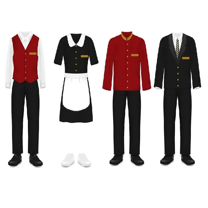 Uniformi del cameriere dell'uniforme del personale dell'uniforme della mangiatoia dell'hotel di progettazione di vendita calda fatte dal tessuto del razen del cotone per sia il maschio che la femmina