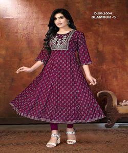 Regular Base Cotton Rayon Kurti with Embroidery Work &amp; Foil Printed Work Lowest Price <strong>Indian</strong> Ethnic Garment Apparelgarment - Product Image 1