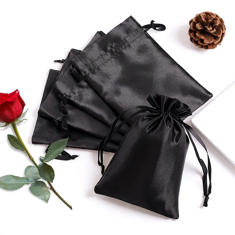 Оптовая продажа, Подарочная шелковая атласная сумка для наращивания волос, черная атласная сумка с индивидуальным логотипом