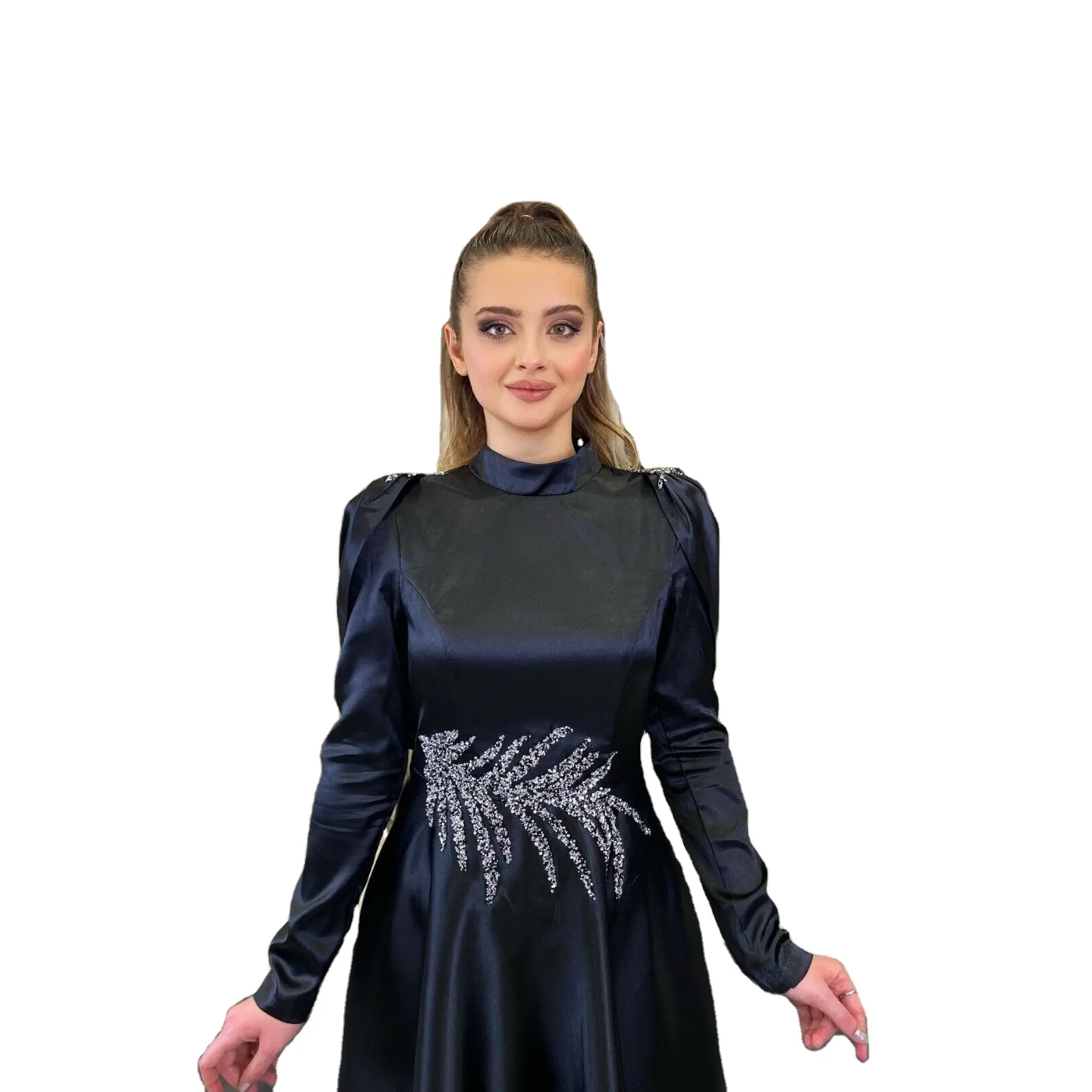 WS INTERNATIONAL Vestido de seda satinada negro de alta calidad Abaya con piedra de cristal para mujer Vestido de noche Vestido de novia modesto Noche