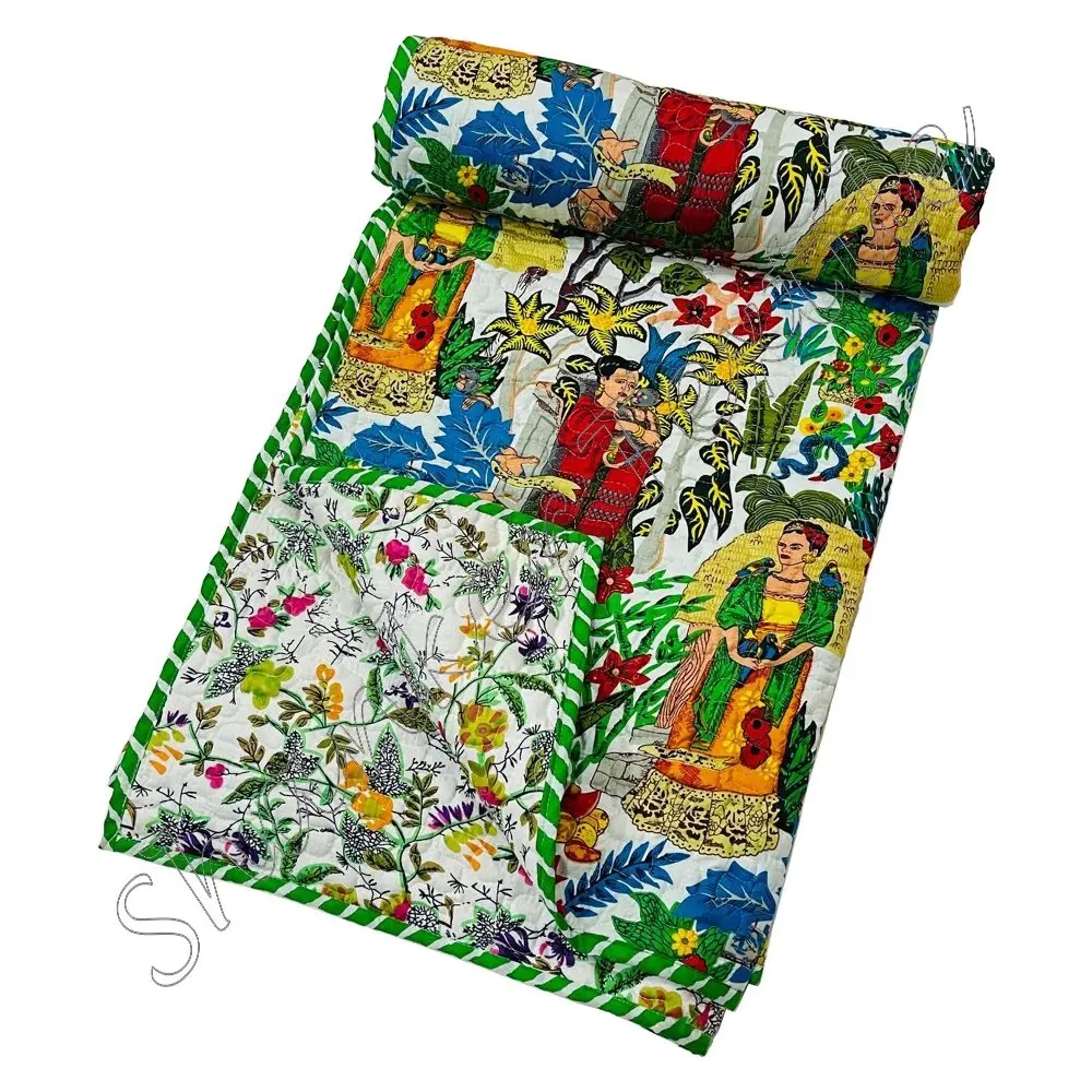 Funda de cama rellena de algodón con estampado de diseño de Frida Kahlo, manta Reversible hecha a mano, funda de cama Floral Reversible, edredón tamaño Queen