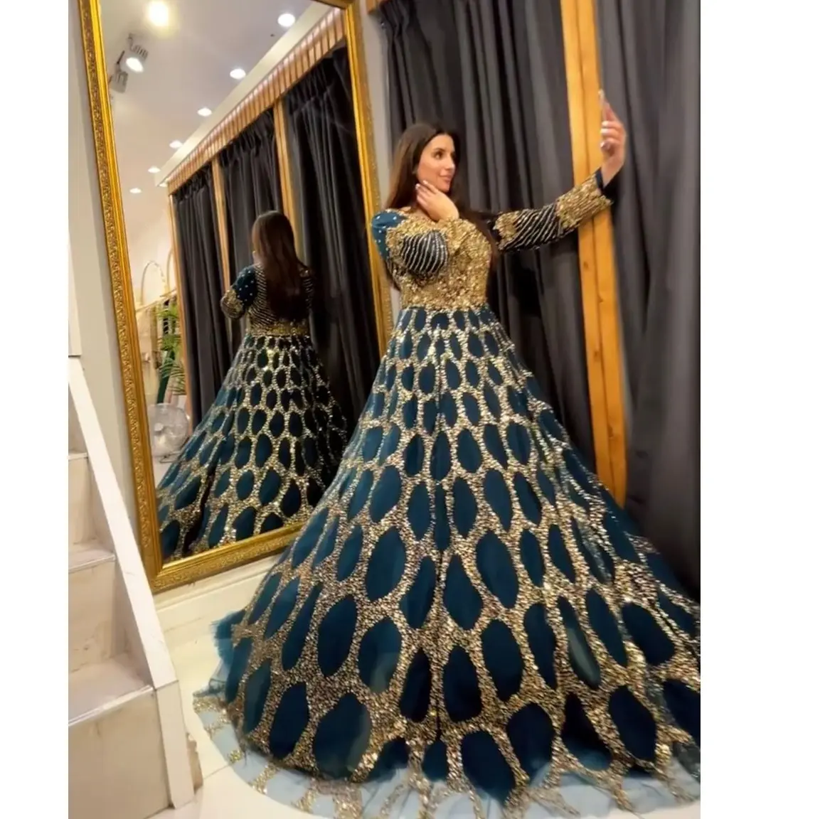 Vestido largo de malla para mujer, ropa de fiesta, estilo indio y paquistaní, Anarkali, con trabajo de secuencia bordado pesado
