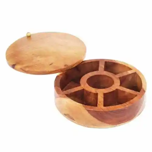 Caja de especias artesanal de madera para cocina con diseño floral quemado en madera Sheesham (7 particiones) Soporte para especias Masala Dabba