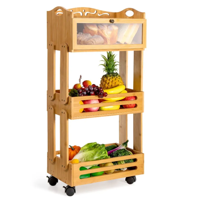 Estantes de bambú de cocina de gran capacidad, carro de almacenamiento de fruta con ruedas, 3 niveles, versátil