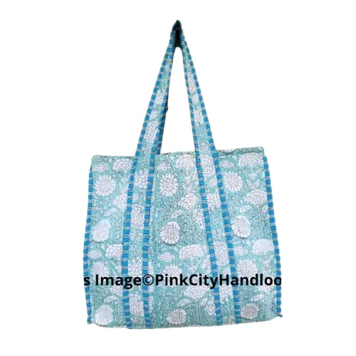 Indian Cotton Quilted Tote Bag Handmade Block Printed Shoulder purse Women Shopping Bags Travel Storage purse