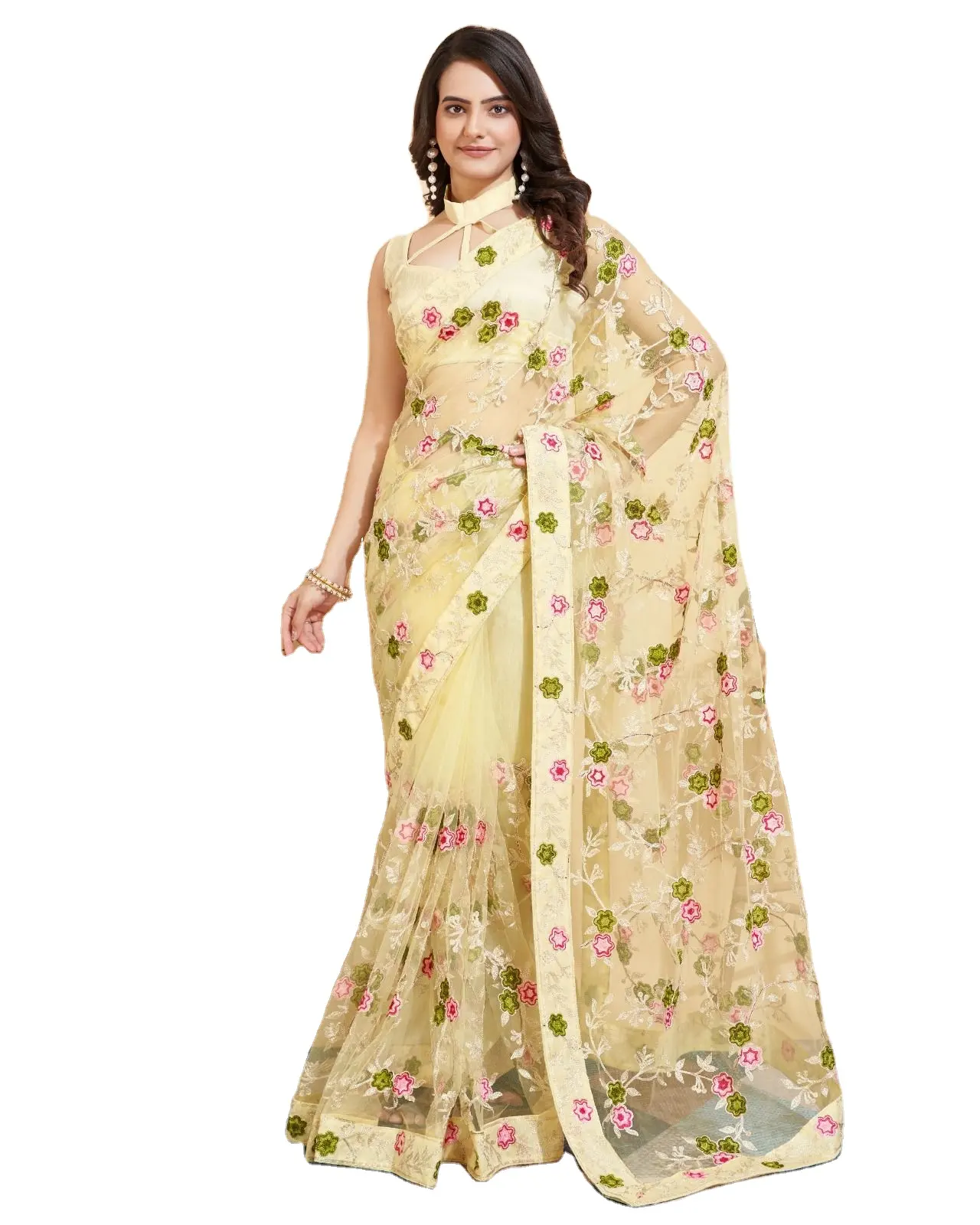 Saree de malha macia chikankari bordado multicolorido com borda de tubulação e renda traseira em saree e blusa