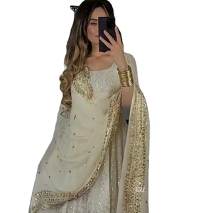 ANARKALIスタイル女性用特殊ラウンドネック刺繍マルチシーケンスワークバックサイドドリパターン地域インド布 - Product Image 1
