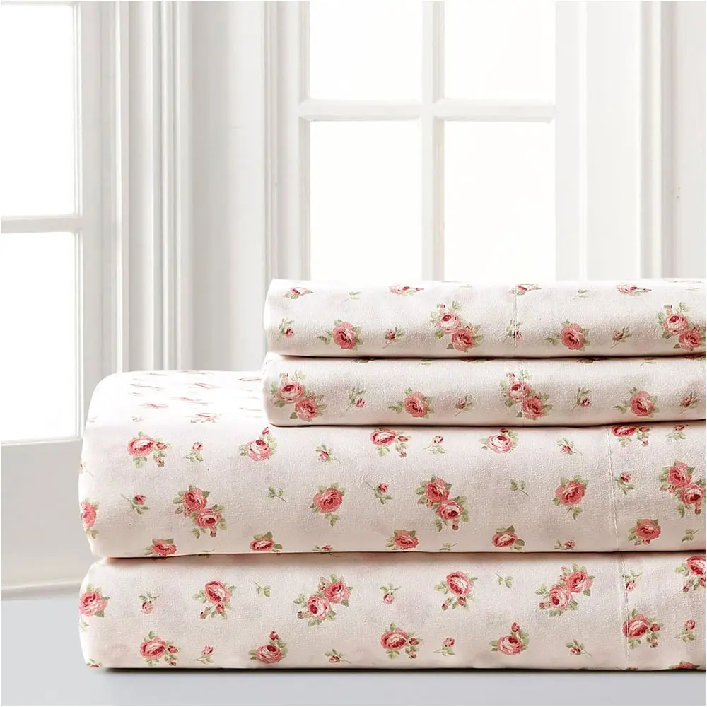 SA último impreso 2024 lujosamente suave 100% cama con estampado de rosas con bolsillo profundo sábana bajera plana y 2 fundas de almohada Juego de 4 piezas