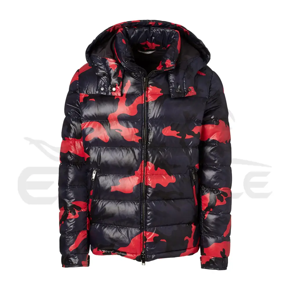 Jaqueta camuflada com capuz quente vermelho preto à prova de vento bolha jaqueta para o Inverno ao ar livre impressão de logotipo personalizado jaqueta acolchoada preta