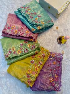 ヘビープレミアムクラッシュシルクc-pallu刺繍シーケンスはサリーのザリとコーディングワークnカットワークボーダーで機能します - Product Image 5