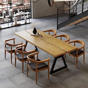 6人天然工业餐桌，金属腿矩形柚木厨房餐桌 - Product Image 1