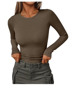 Dames Geribbelde Shirts Ronde Hals Getailleerde Tops Casual Onder Scrubs Laag Slanke Basis T-Shirts Vorm Bangladesh - Product Image 1