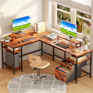 Mesa de ordenador en forma de L para oficina en casa con soporte para monitor de escritorio mesa de juegos con toma de corriente y cajón de archivos - Product Image 4