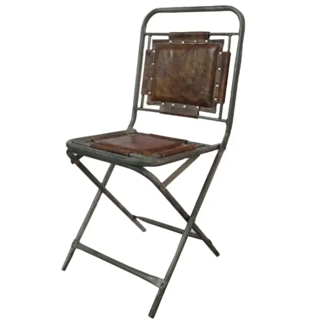 Cadeira de bebê dobrável para uso doméstico industrial e vintage, móveis para uso doméstico na Índia, ferro rústico e couro genuíno