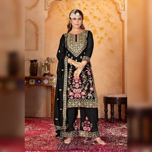 Dupatta Plazo düğün resepsiyonları ve geleneksel etkinlikler seti ile zarif Chinon nakış çalışması dijital baskı Salwar Kameez - Product Image 1