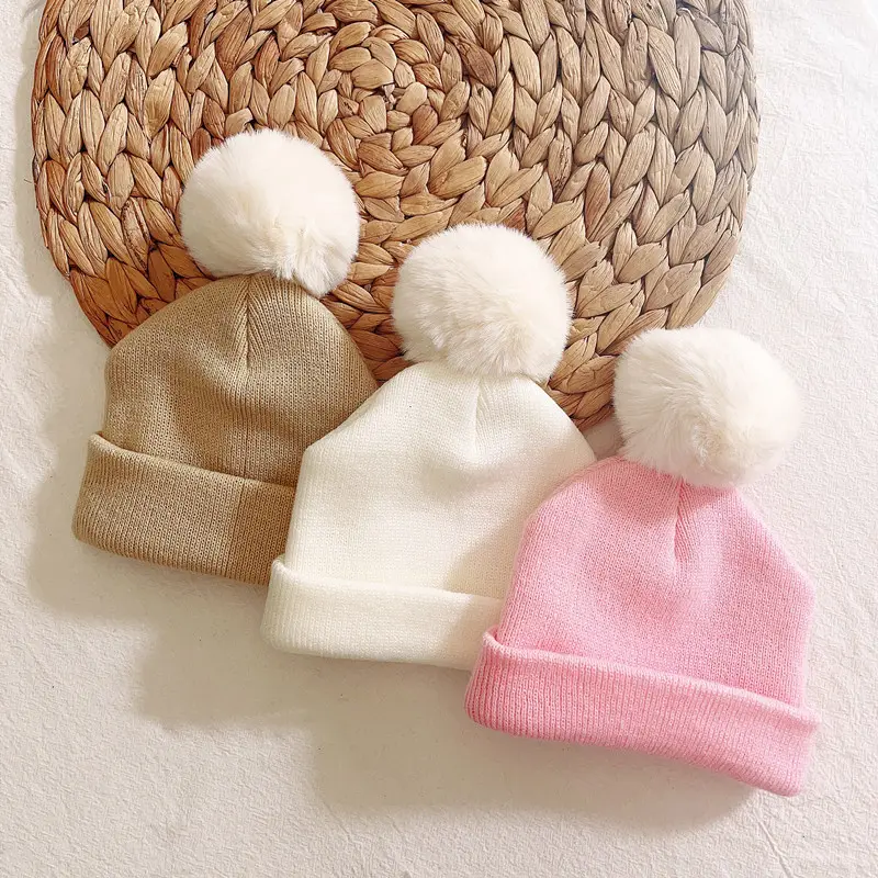 Gorro de lana con adorno de pelo sintético para bebés, gorro de lana de algodón cálido para invierno