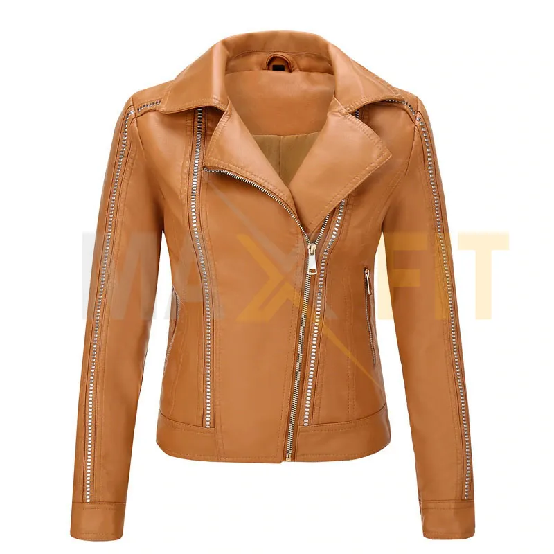 MAXFIT-chaqueta de cuero para mujer, abrigo corto ajustado punk para otoño, con cuello vuelto, para motocicleta