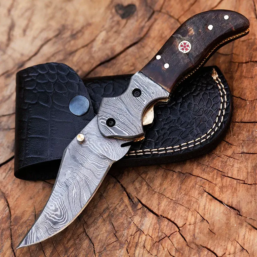 HOT SALE Beautiful Custom Handmade Damascus Steel Folding knife pocket knife with leather handle RAM HORN