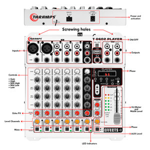 Taramps Audio Mixer T0602 Player 6 canales de entrada 2 salidas Control remoto USB FM MP3 DJ Mixer Bluetooth Ecualizador Efecto Echo FX - Product Image 6