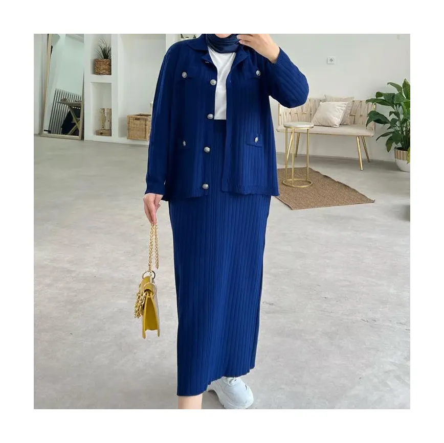 Women's Elegant Pleated Knit Dress Set with Double-Breasted Jacket and Midi Skirt 2024 Winter Fashion