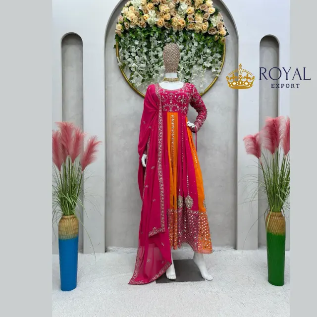 Fourix Georgette bordir pernikahan warna oranye koleksi Anarkali oleh Royal export
