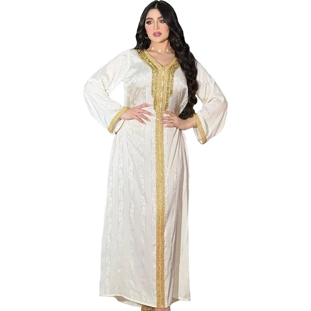 Neueste Design Naher Osten Abaya Dubai Strass Spitze Weiß Satin Jacquard Kleider Frauen Abaya Muslim Frauen Kleid
