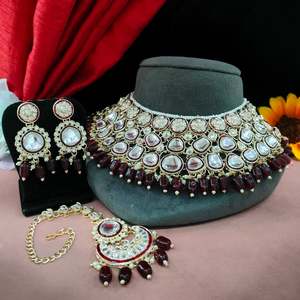 Kesilmemiş Kundan(Polki) kolye ile Maang Tikka zamansız ve zarif parça geleneksel takı karmaşık sanat ile hazırlanmış - Product Image 2