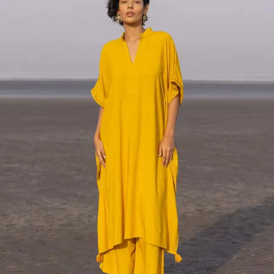 Пользовательские скромные модные длинные хлопковые желтые Умные повседневные кафтан плаццо рубашки платья для женщин
