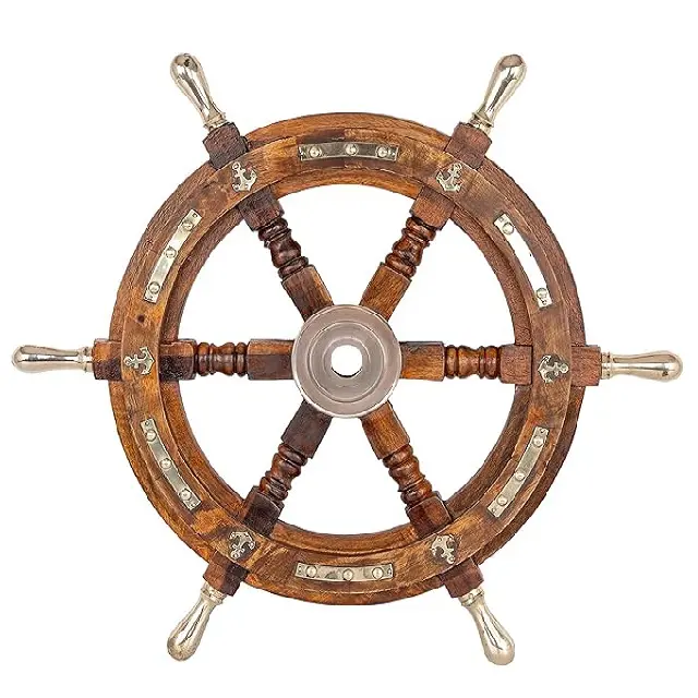 卸売30 "プレミアム航海木製船ボートホイールキャプテン海賊船のホイール真鍮ハンドル家の装飾壁の彫刻