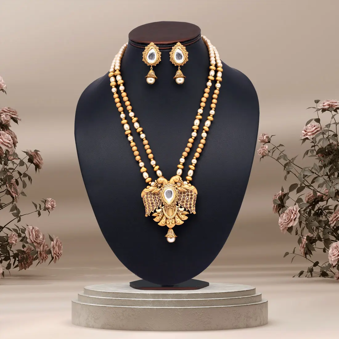 Beautiful Premium Long Matte Gold Temple Necklace Set with earrings Indian jewelry for womens and girls 2024 in wholesale price