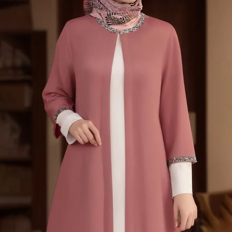 AM132C Personalização mulheres muçulmanas blusa de manga comprida nova moda elegante roupas islâmicas o-pescoço beading escritório mulheres senhora terno