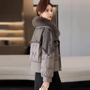 女式冬季羽绒服2024新款短款天然狐狸毛领白鹅羽绒服麂皮面料夹克