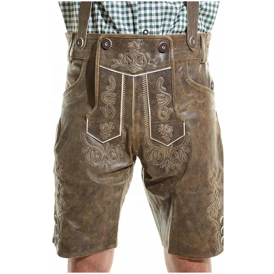Pantalones de gamuza de cuero bávaro para hombre con logotipo personalizado, marrón, Oktoberfest, Lederhosen, todas las tallas, precio al por mayor, bajo coste