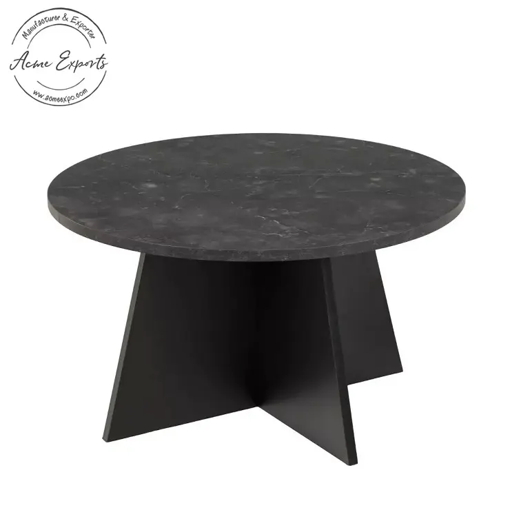 リビングルームの家の装飾のための黒い大理石のトップと高品質の丸い形の黒仕上げの木製ベースセンターテーブル