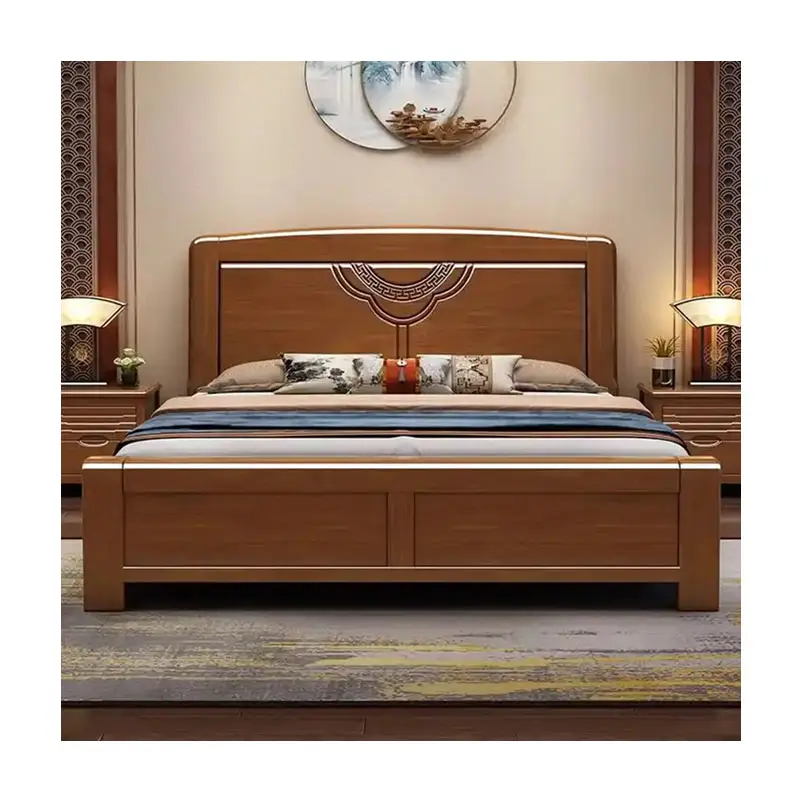 Cadre de lit queen lits en bois double chinois Mobilier de chambre Rangement de luxe moderne Lit en bois massif